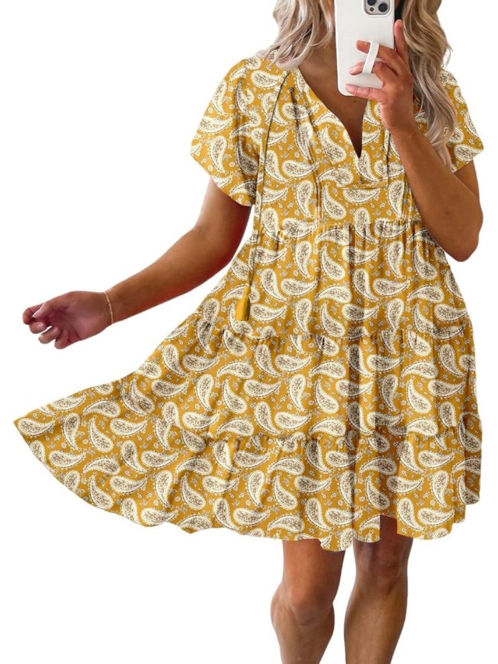 Women's Summer Boho Floral Dress V Neck Yellow Short Sleeve Sundresses Flowy